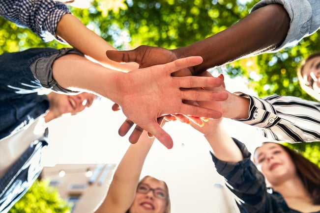 hands-tower-caucasian-afro-american-friends-together-outdoors-hot-sunny-spring-day