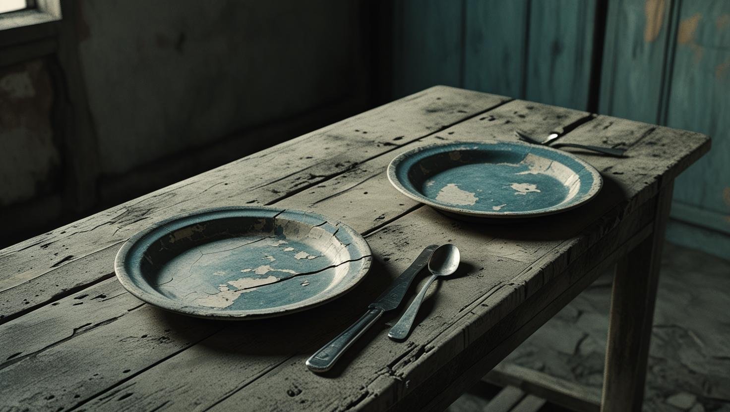 una imagen que describa este titulo de articulo_ ¿Por Qué la Infancia Rural Está Más Expuesta a la Pobreza_ que se vea contexto de precariedad, platos vacios sobre una mesa, sin personas. una mesa que se vea como de una familia pobre